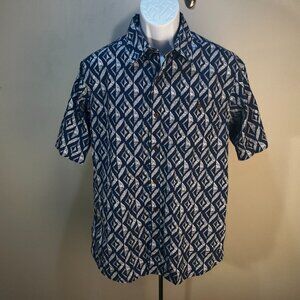 Orvis Men's blue and white tribal pattern short sleeve shirt Medium M